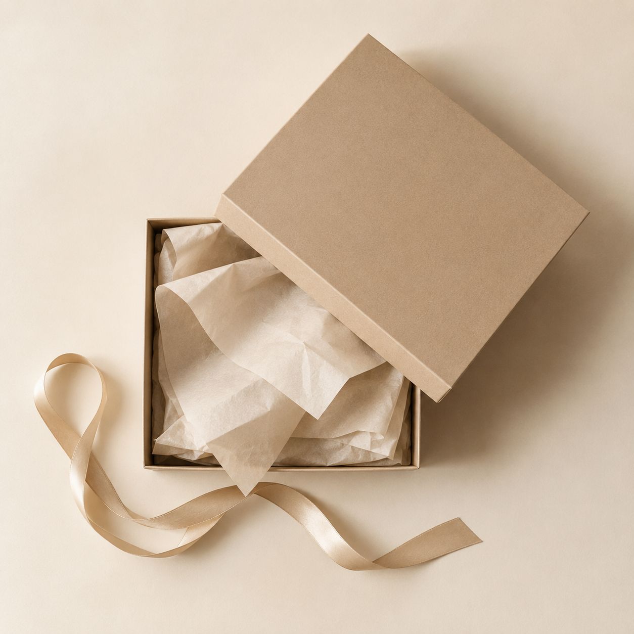 Open kraft gift box with tissue paper and a satin ribbon, viewed from above