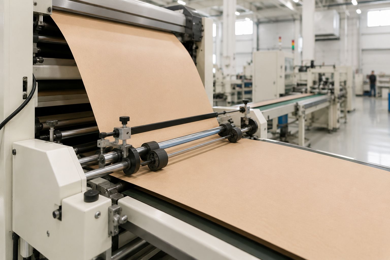 Bag production machine feeding large sheets of kraft paper
