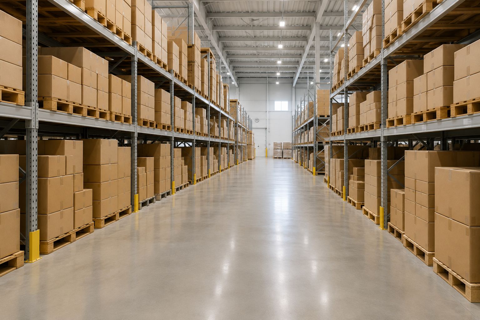 Bright warehouse aisle with neatly stacked plain cardboard boxes