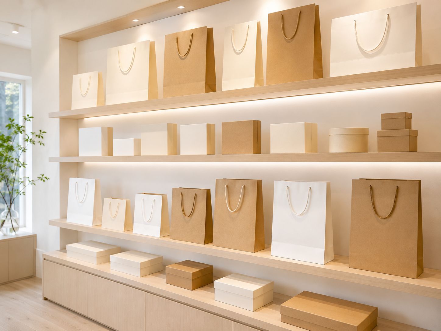 Paper bags and gift boxes displayed on light wooden showroom shelving