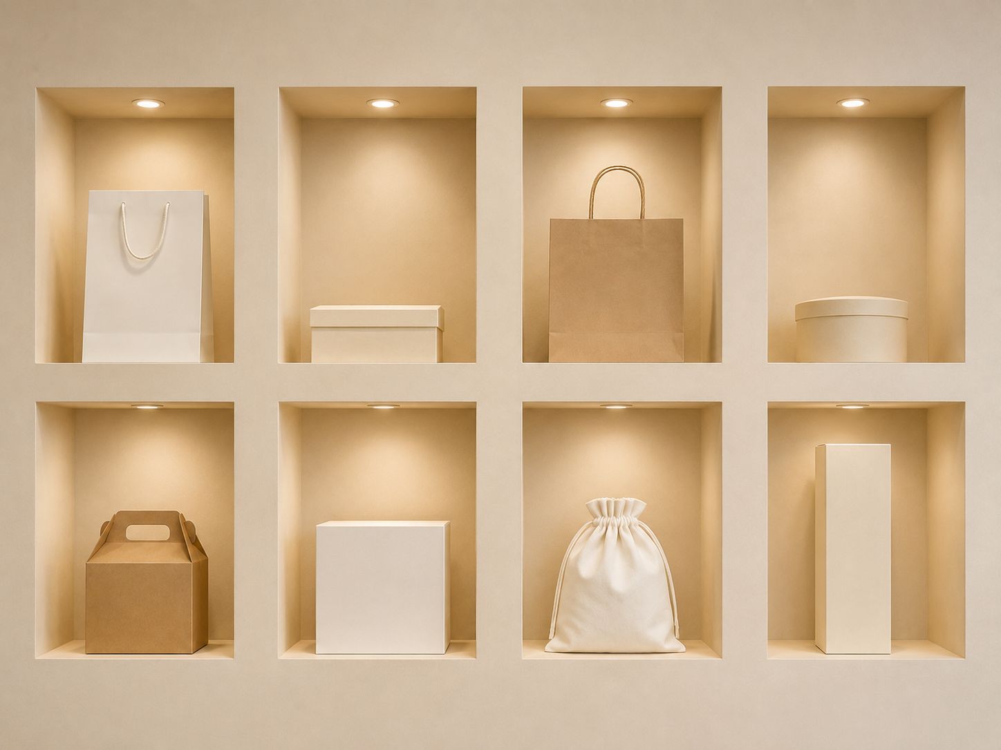 Display wall with recessed niches, each holding one packaging sample