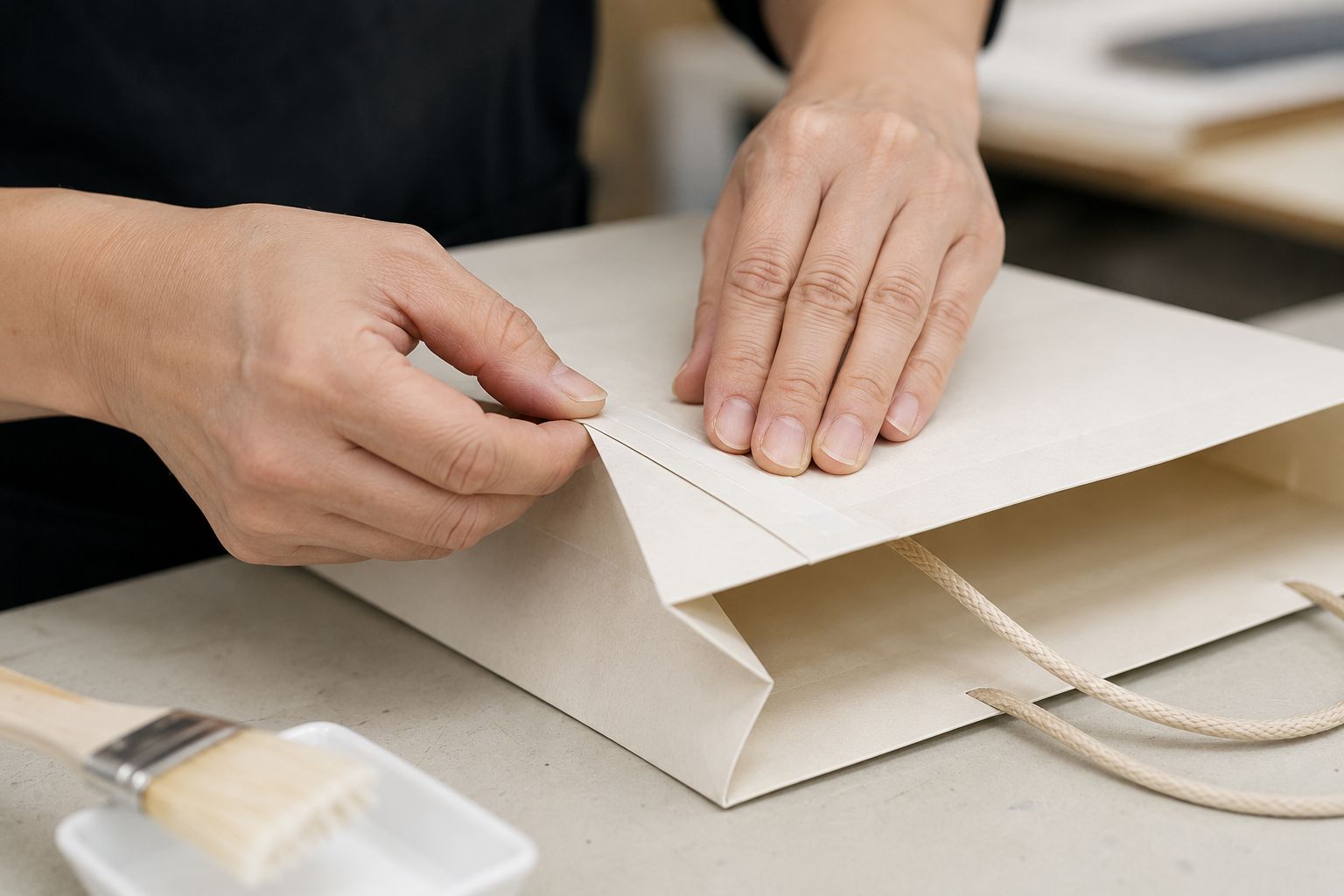 Hands carefully assembling a paper bag at a workbench