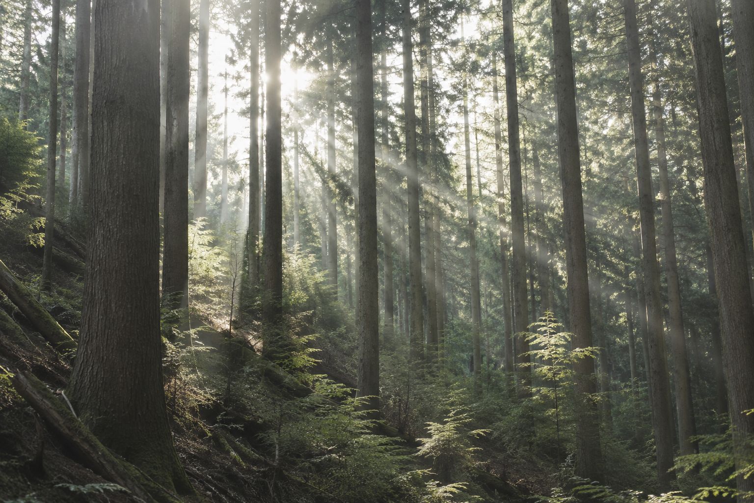 Sunlight filtering through a quiet forest