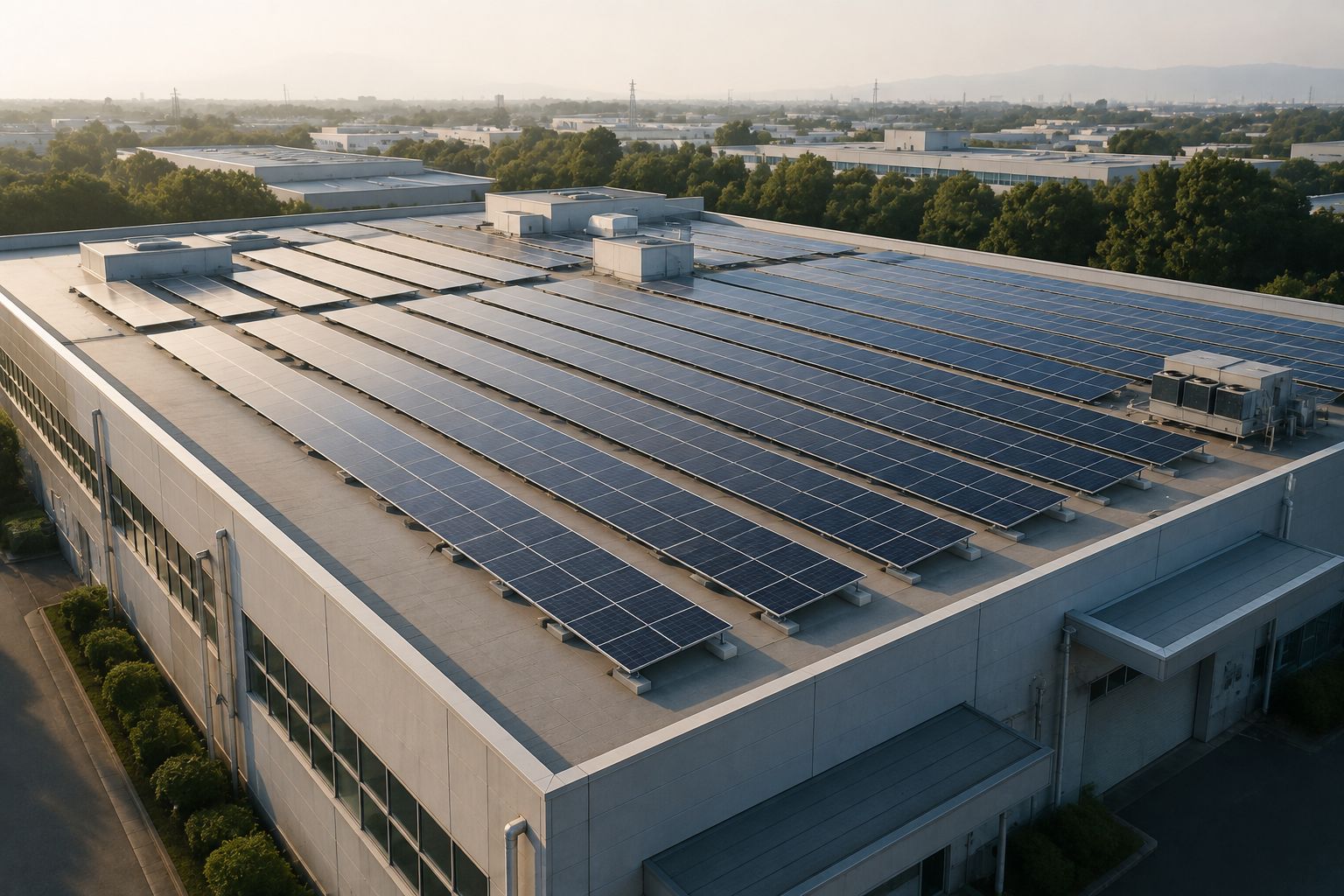 Solar panels on the roof of an industrial building