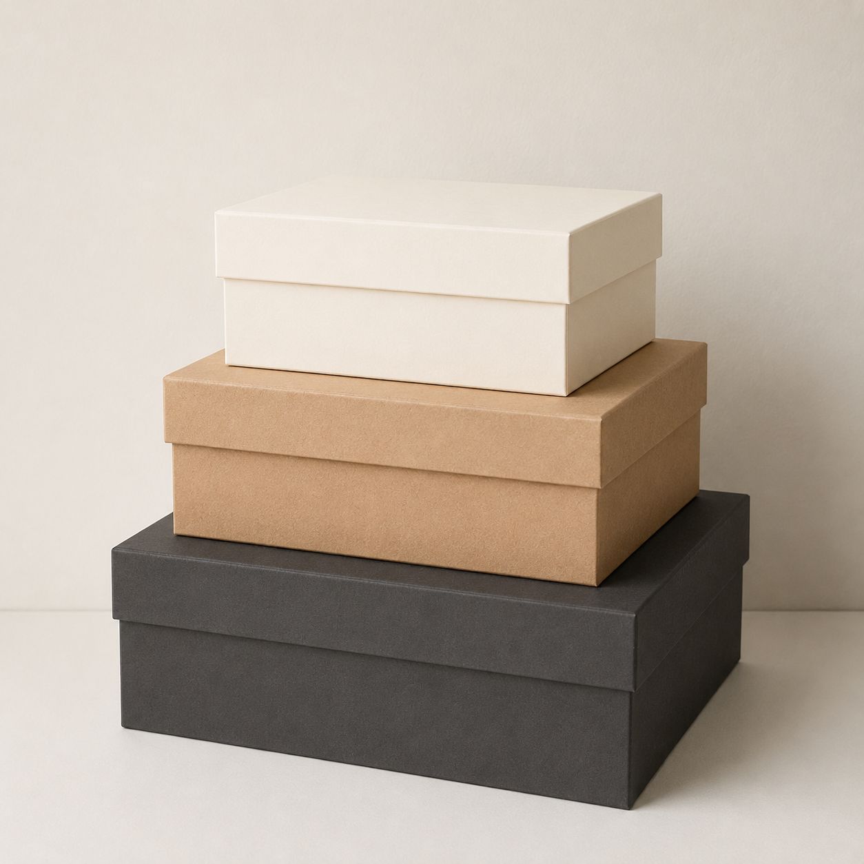 Stack of rigid gift boxes in cream, kraft and charcoal